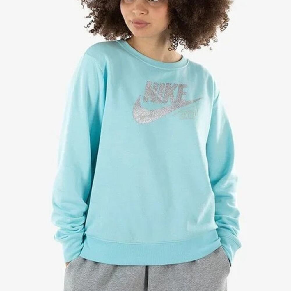 NEW Nike NSW Club Fleece Glitter Crew Blue Women's Size Large DO6202-482